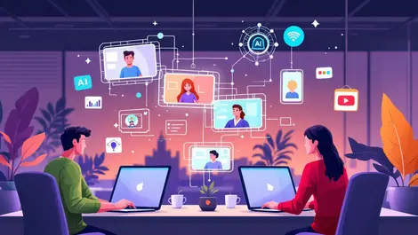 Modern office people video calls laptops floating ai automation elements