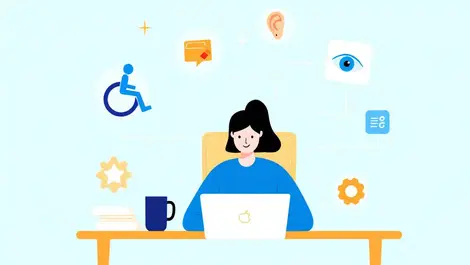 Person using laptop home desk accessibility icons remote learning digital accessibility