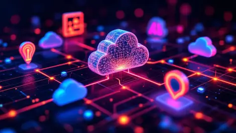 Interconnected cloud icons ai neural network patterns digital infrastructure