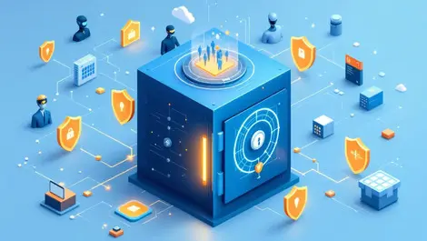 Secure digital vault surrounded by ai agents enterprise it network nodes