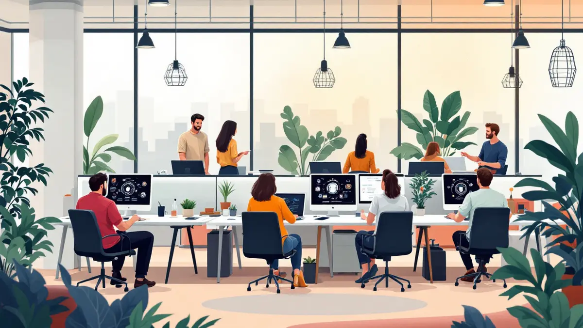 Modern new zealand office employees collaborating ai interfaces vibrant workplace culture