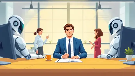 Modern office environment professionals anxious interacting robotic assistants cautious atmosphere barriers human ai