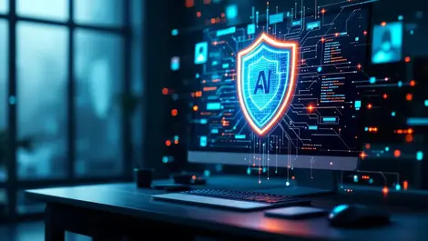 Realistic illustration computer workstation glowing digital shield ai cybersecurity defense