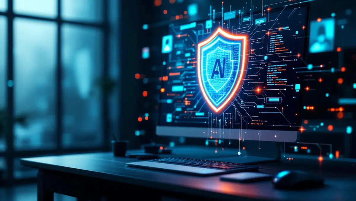 Realistic illustration computer workstation glowing digital shield ai cybersecurity defense