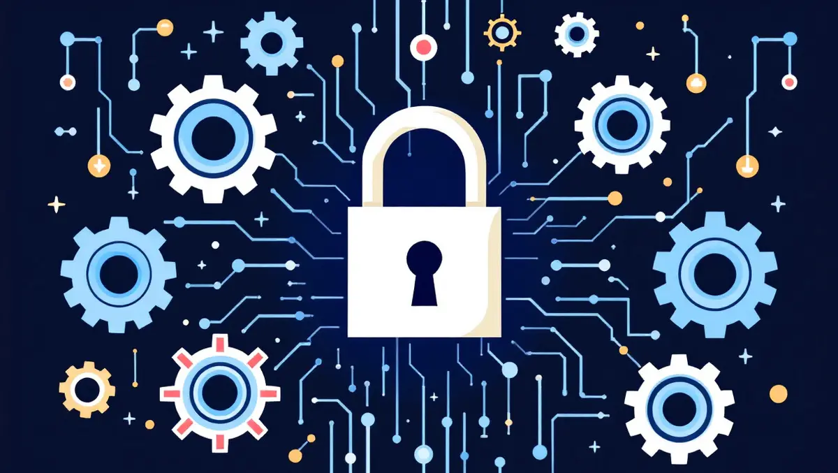 Stylized digital lock surrounded by gears and circuit patterns cybersecurity software management