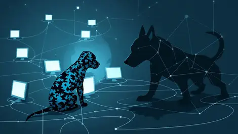 Camouflaged dog silhouette lurking near globe with networked computer screens