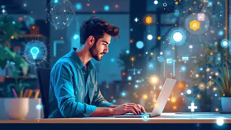 Realistic illustration young australian office worker laptop ai network