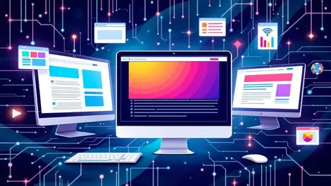 Computer screens showing websites with vibrant ads and abstract ai lines