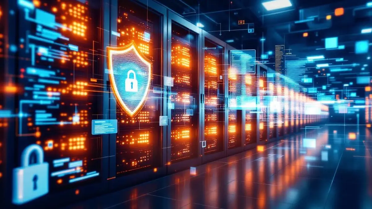 Large secure server room glowing servers security shields data analytics cyber monitoring