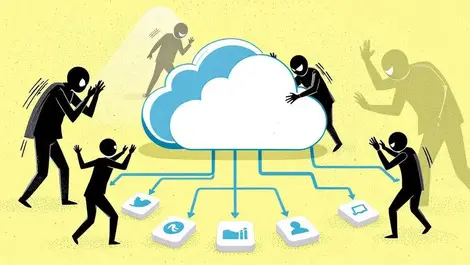 Cloud computing cybersecurity illustration shadowy figures accessing app icons