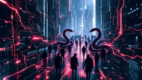 Dark ominous digital network glowing data streams malware infiltration east asian cityscape