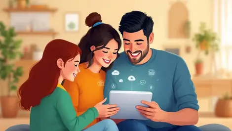 Australian family using digital tablet insurance icons data personalisation modern home