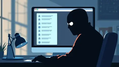 Computer screen browser sidebar transforming into masked thief silhouette login theft