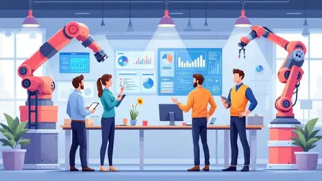 Uk small business owners using digital dashboards and robotic arms in modern office automation