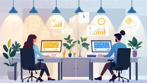 Illustration office workers computers efficient modern workspace ai training productivity