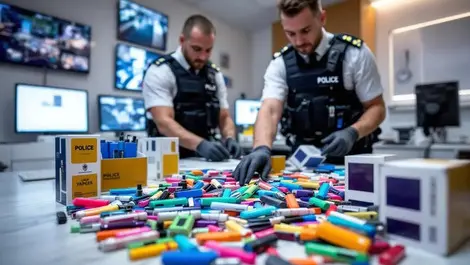Uk police officers examining disposable vapes illegal sales investigation
