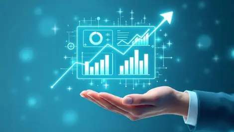 Hand holding glowing digital dashboard charts graphs upward arrow leadership dem