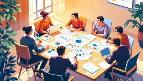 Team collaboration in office discussing software development blueprints