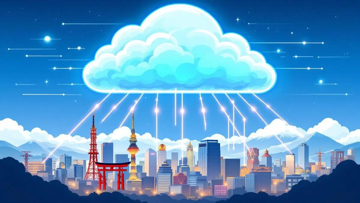 Digital cloud shield protecting japanese city skyline advanced network security