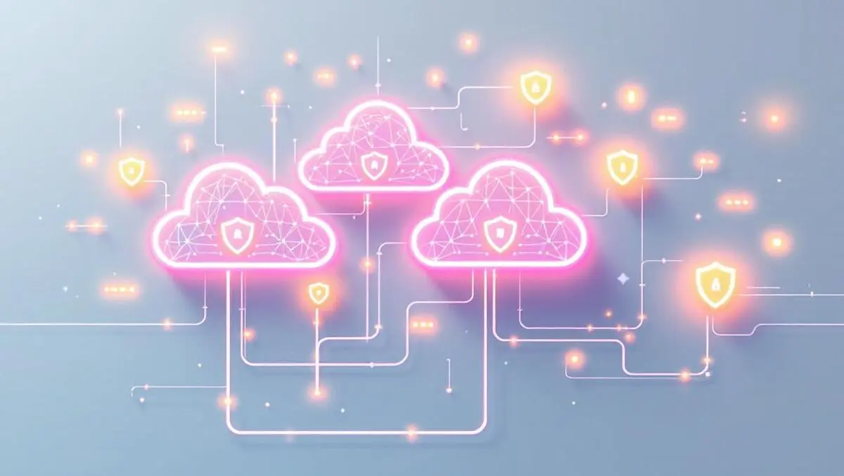 Secure interconnected data clouds glowing lines shield symbols protected exchange