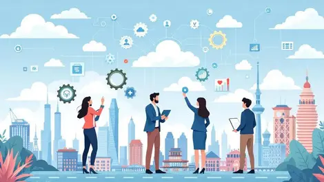 Business professionals collaborating gears clouds flowcharts southeast asia automation