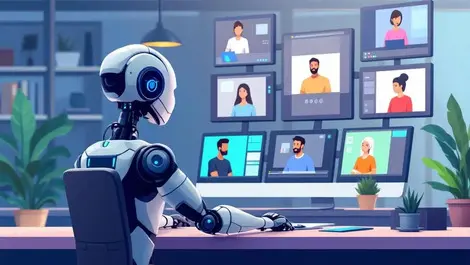 Modern office ai robot conducting global video interviews recruitment automation