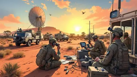Australian soldiers operating modern communication equipment mobile field unit
