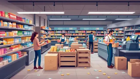 Australian supermarket aisle activity shoppers worker supply boxes coins bills