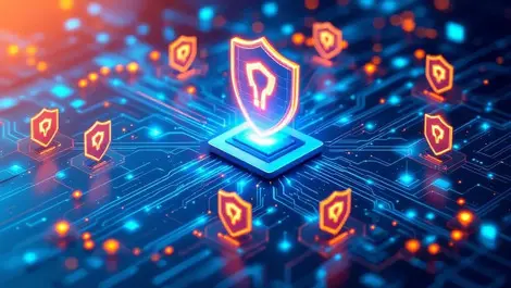 Computer network digital shields interconnected lines real time threat detection cybersecurity defense