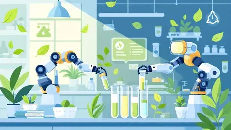 Laboratory workspace robotic arms handling test tubes eco friendly symbols automation sustainability retail