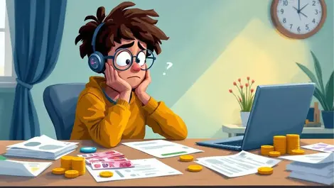 Confused person at desk with uk currency financial documents laptop chatbot