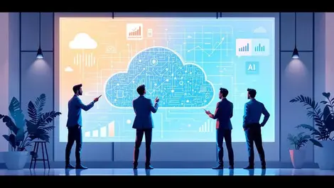 Modern office professionals collaborating cloud ai data visualisations