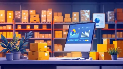 Uk retailer desk computer charts analytics shipping boxes inventory shelves