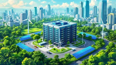 Modern data center cooling systems solar panels wind turbines tropical jakarta cityscape