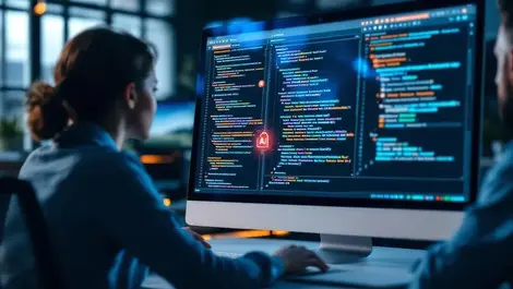 Realistic computer screen software code security analysis ai icon modern office