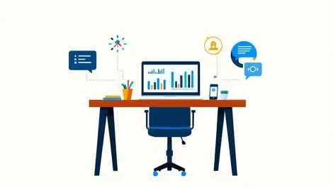 Small business office desk laptop charts marketing content automation workflow