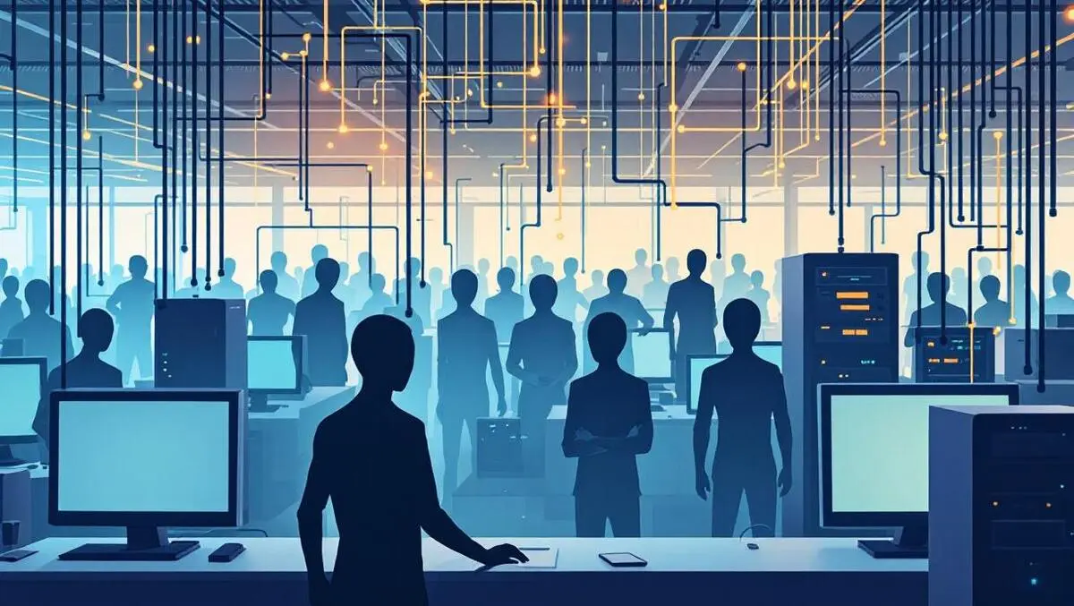 Digital network shadowy humanoid figures hidden non human presences modern office