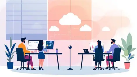 Modern office workspace people laptops desktops cloud collaboration remote