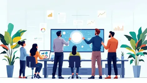 Office workers ai training large computer screen data charts digital interfaces modern workplace