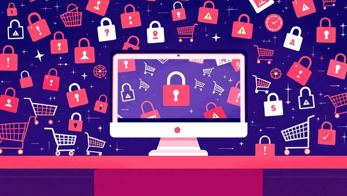 Digital illustration crowded computer screen shopping carts locks warnings cybersecurity black friday