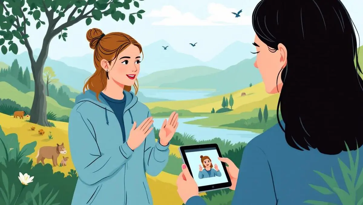 Illustration two people new zealand sign language tablet animated hand signs native landscape