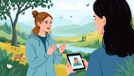 Illustration two people new zealand sign language tablet animated hand signs native landscape