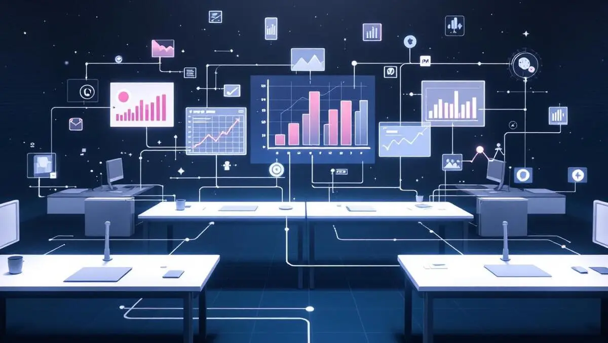 Interconnected office desks digital graphs charts workplace data analytics collaboration