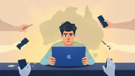 Anxious australian person laptop ghostly hands manipulating devices australia map