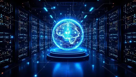 Modern data center 3d network globe ai circuit shield blue scene