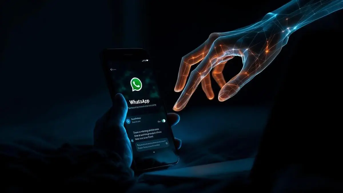 Moody whatsapp spy ghost hand reaching from linked laptop dark