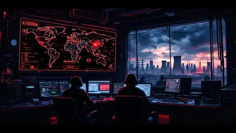 Dark control room hackers red world map cyber attack stormy city