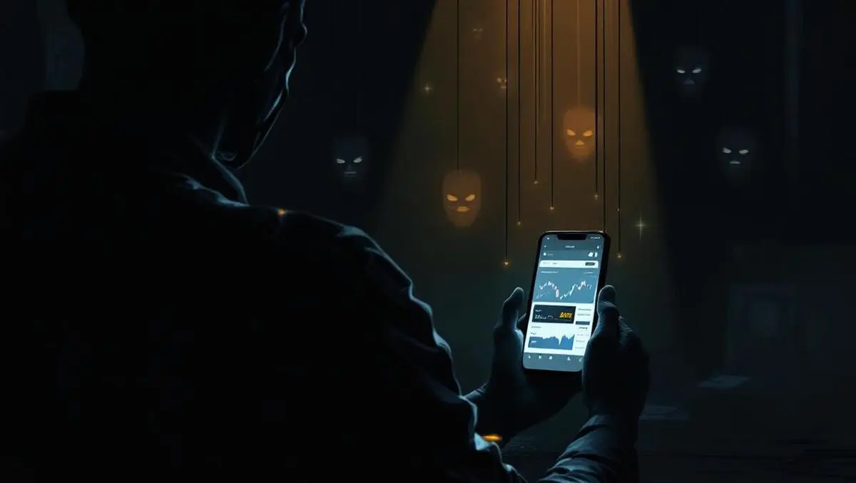 Moody illustration ai driven financial scams puppet trading phone