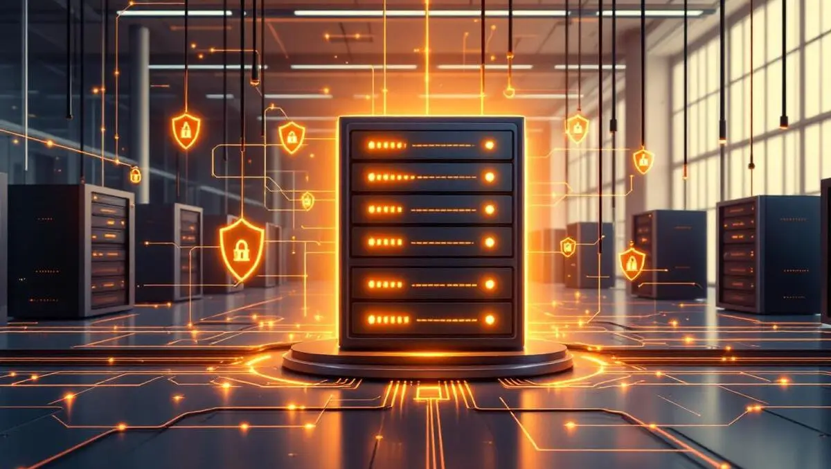 Server room firewall auto updates glowing shields network security