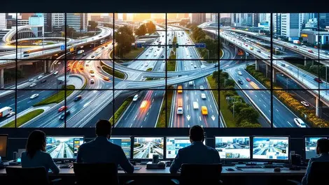 Modern city traffic control room cctv wall busy roads vehicles